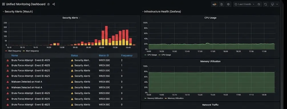 Unified Dashboard: Wazuh Security Alerts & Grafana Performance Metrics